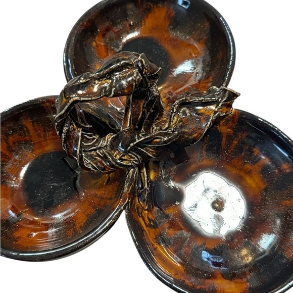 Pottery Art Glass Three Bowl Serveware Glossy Ornate - Picture 4 of 9